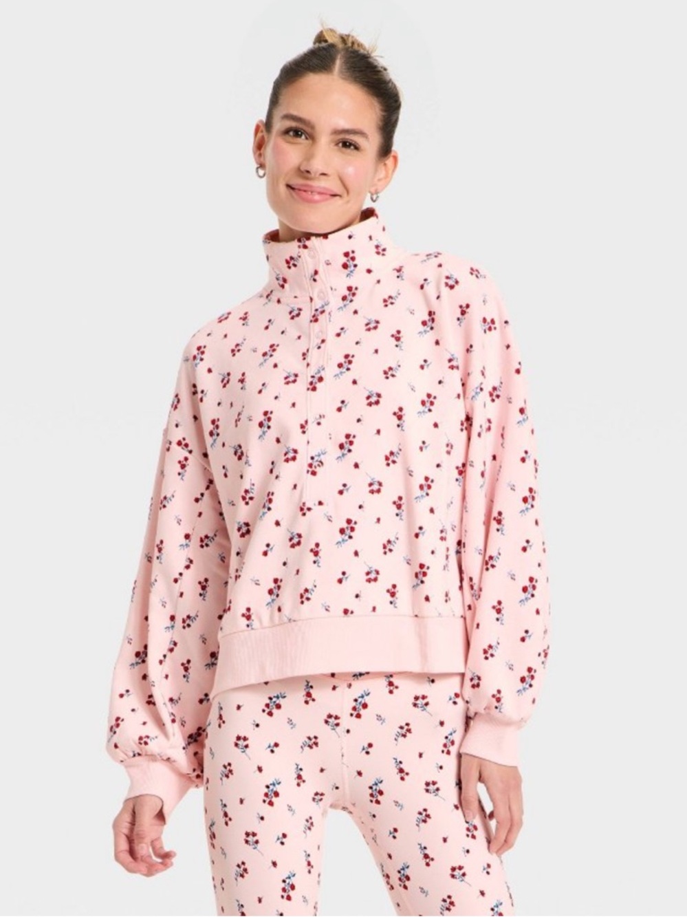 All In Motion™ Women's Active French Terry Henley Sweatshirt -Light Pink Floral